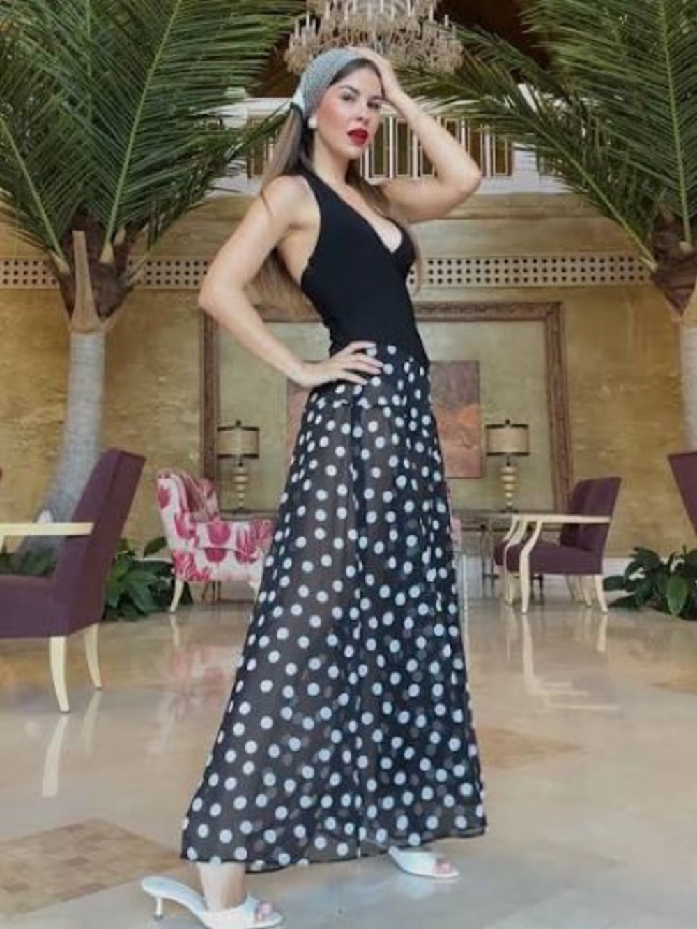 Zara Black Maxi dress with White Polka Dots